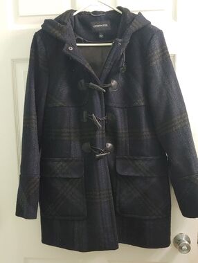 London Fog Duffle Coat Women's Navy Plaid Hooded Pea Coat Size L